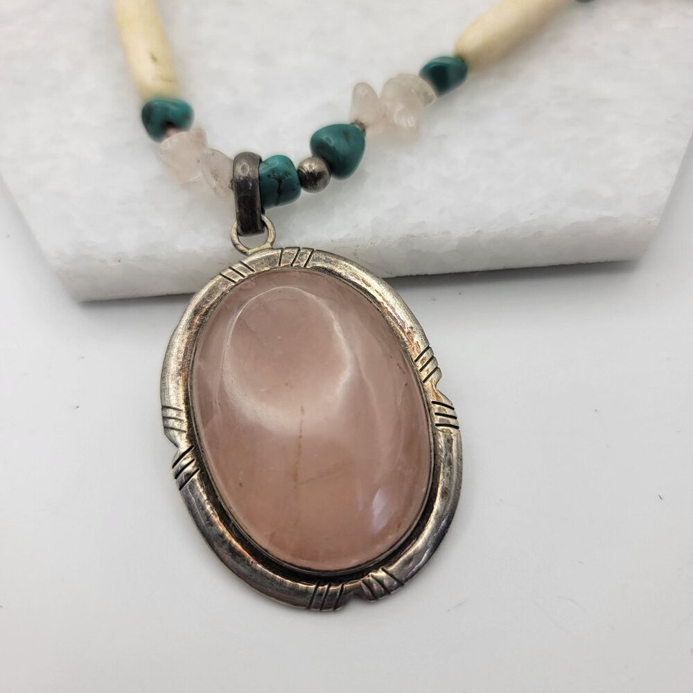 Navajo 925 Sterling Silver Rose Quartz Turquoise Bone Necklace - Picture 2 of 5